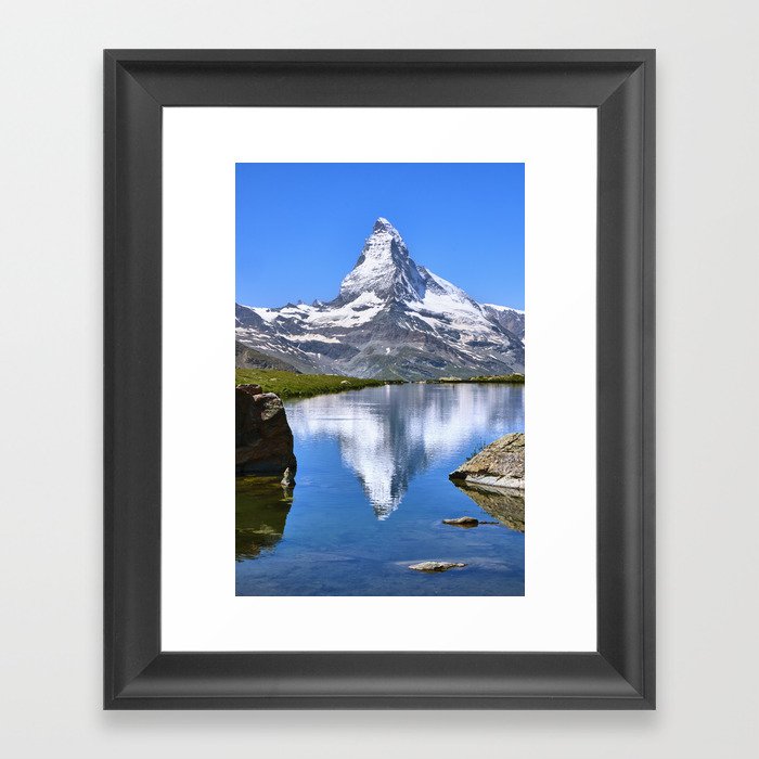 Matterhorn, 4.478 meters, and Sunnega lake. Swiss Alps. Vertical Framed Art Print