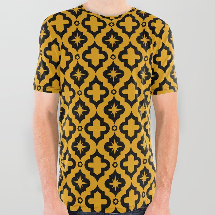 Mustard and Black Ornamental Arabic Pattern All Over Graphic Tee