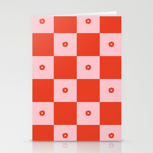Pink + Red Checker with Flowers Stationery Cards