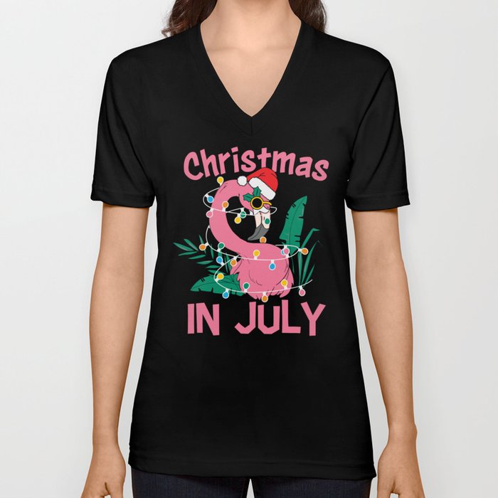 Christmas In July Flamingo V Neck T Shirt