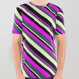 [ Thumbnail: Fuchsia, Dark Slate Gray, Light Yellow, and Black Colored Lined Pattern All Over Graphic Tee ]