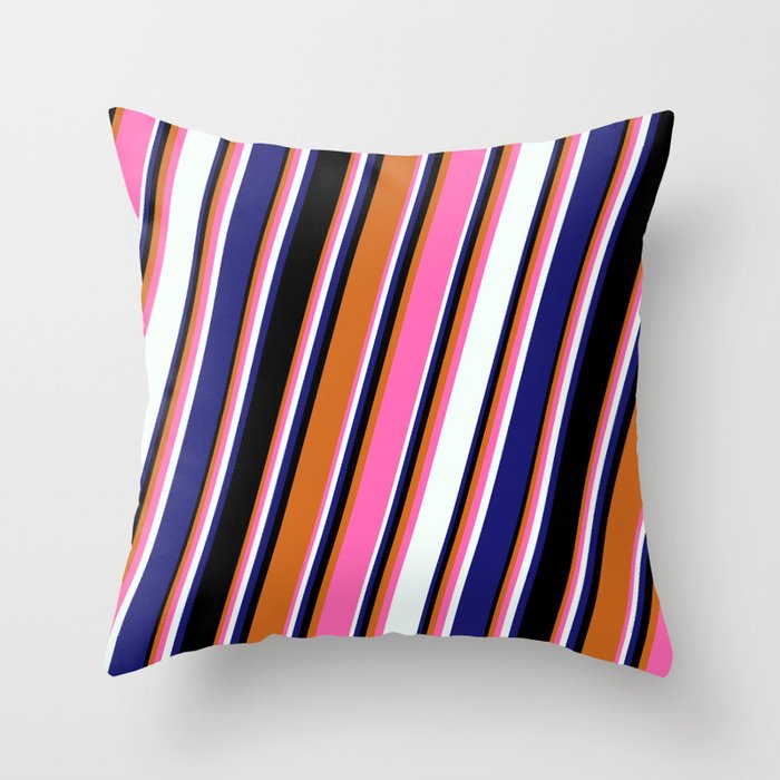 Chocolate, Hot Pink, Mint Cream, Midnight Blue & Black Colored Lines/Stripes Pattern Throw Pillow