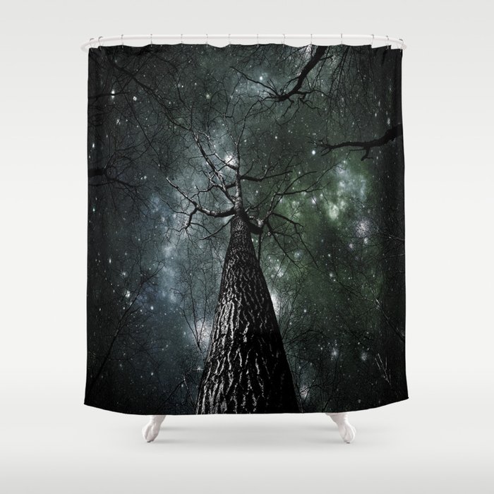 Wintry Trees Galaxy Skies Dark Green Slate Blue Shower Curtain By