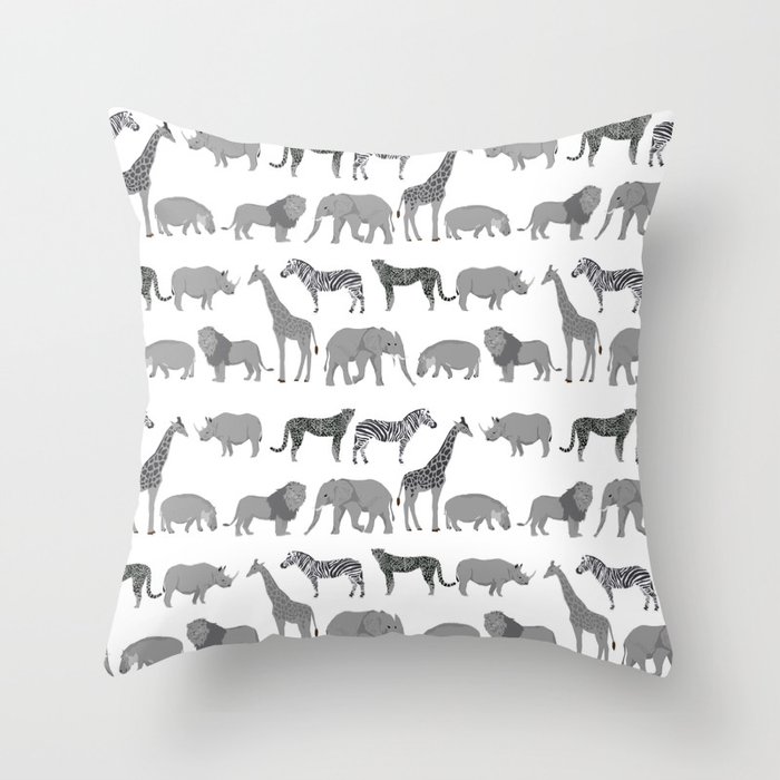 Safari Animals Minimal Grey And White Zebra Giraffe Cheetah Hippo Safari Animals Minimal Grey And White Zebra Giraffe Cheetah Hippo Rhino Nursery Throw Pillow By Charlottewinter Society6