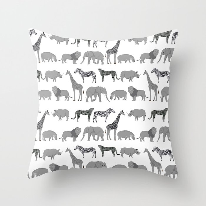 Safari animals minimal grey and white zebra giraffe cheetah hippo rhino nursery Throw Pillow