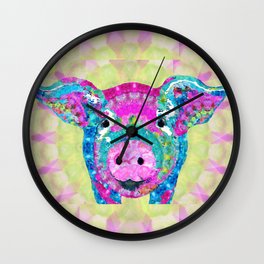 Fun Mandala Pig Art - Oinkdala - Sharon Cummings Wall Clock | Squeal, Painting, Oink, Pinkpig, Pinkpigart, Barn, Blue, Colorfulpig, Colorful, Pinkcanvas 