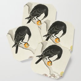 Crow eating persimmon Fruit - Vintage Japanese Woodblock Print Art Coaster
