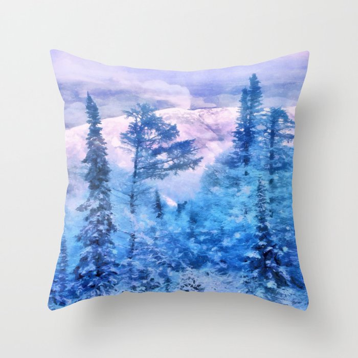 Winter forest in the mountains I Throw Pillow