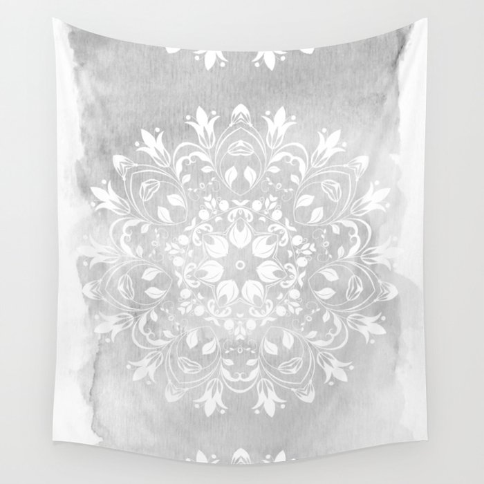 white on gray mandala design Wall Tapestry