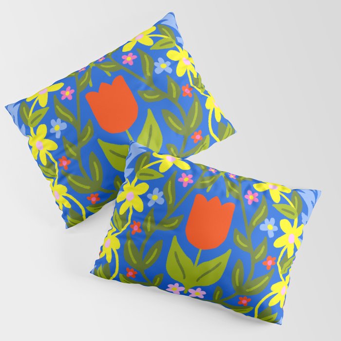 Folk Art Flowers Modern Scandi-Style Flower Garden On Royal Blue Cheerful Cottagecore Floral Design Pillow Sham