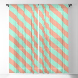 [ Thumbnail: Aquamarine & Coral Colored Lined/Striped Pattern Sheer Curtain ]
