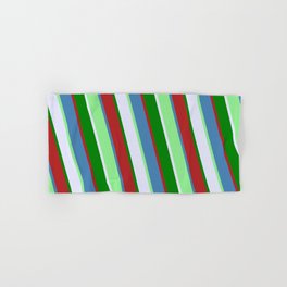 [ Thumbnail: Blue, Light Green, Lavender, Green, and Red Colored Lines/Stripes Pattern Hand & Bath Towel ]