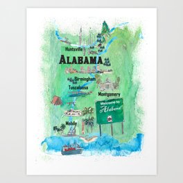 USA Alabama State Travel Poster Map with Tourist Highlights Art Print | Alusa, Alabamausaposter, Alabamatourist, Collage, Alabamatouristmap, Montgomerymap, Alabamausamap, Alusatravelmap, Alabamapainting, Montgomeryposter 