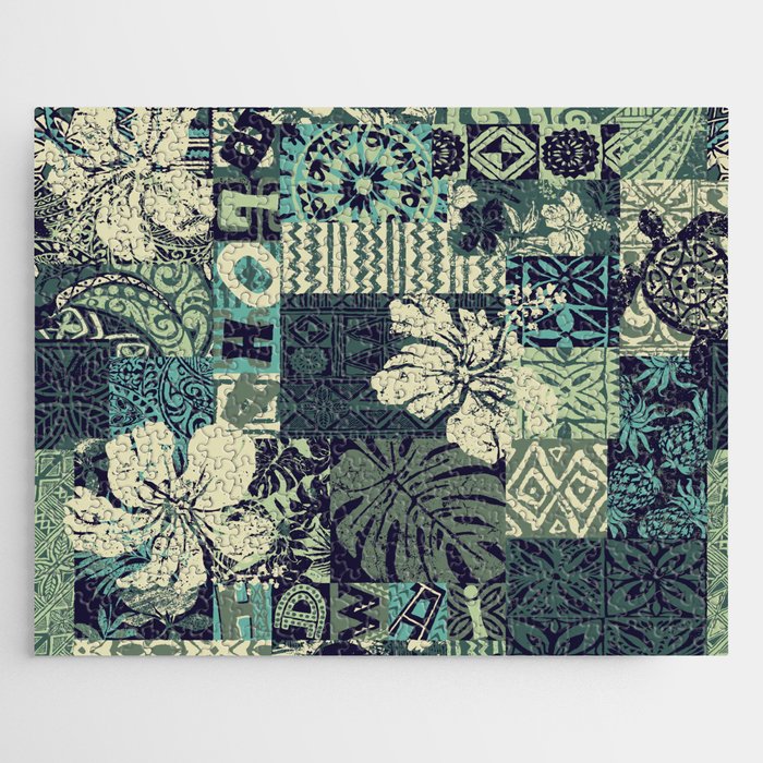 Hawaiian hibiscus and tribal element fabric patchwork abstract vintage vintage seamless pattern  Jigsaw Puzzle