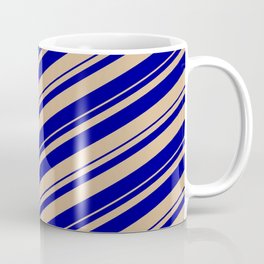 [ Thumbnail: Tan & Dark Blue Colored Stripes/Lines Pattern Coffee Mug ]