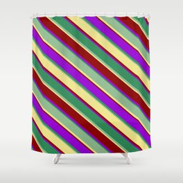 [ Thumbnail: Eye-catching Sea Green, Dark Sea Green, Tan, Dark Red, and Dark Violet Colored Stripes/Lines Pattern Shower Curtain ]