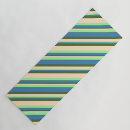 [ Thumbnail: Green, Blue, Dark Olive Green, and Bisque Colored Striped/Lined Pattern Yoga Mat ]