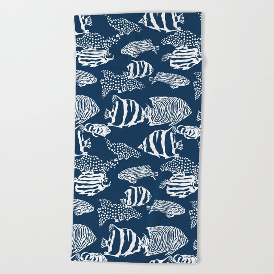 fish pattern vector illustration with stripes and dots Beach Towel
