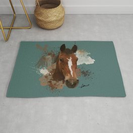 Brown and White Horse Watercolor Dark Rug