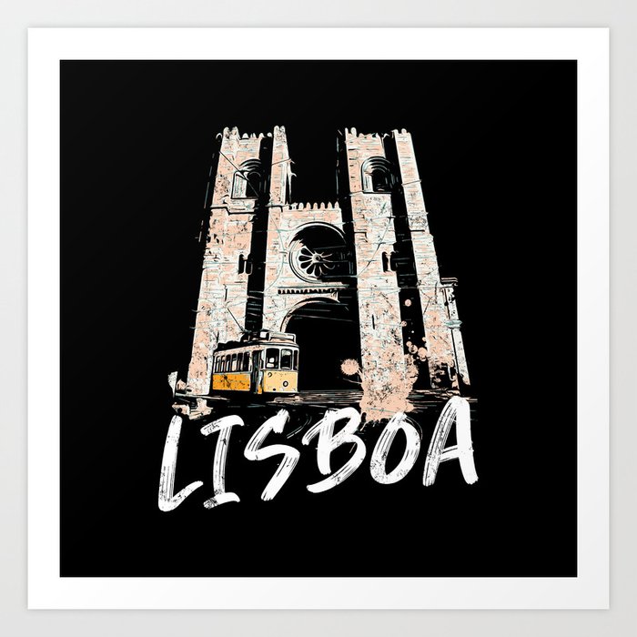 Lisbon cathedral with a tramway illustration, Portugal Art Print