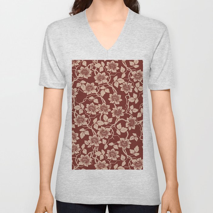 Heritage Floral Pattern  Red and Cipria V Neck T Shirt