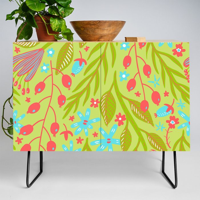 Colourful Hand Drawn Plant Pattern Credenza