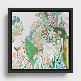 Painterly Floral Jungle on Pink and White Framed Canvas