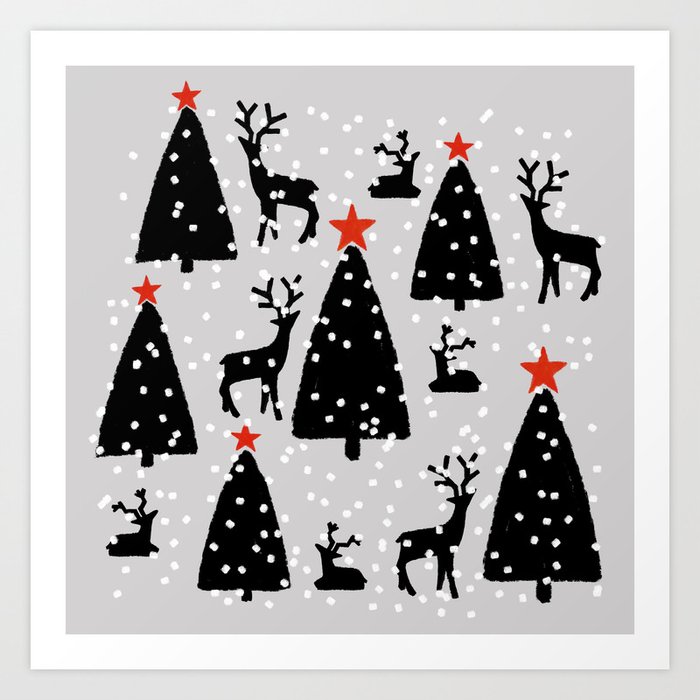 Christmas Trees with Reindeer | Minimal Pattern | Red & Black Art Print