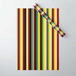 [ Thumbnail: Sea Green, Yellow, Tan, Dark Red, and Black Colored Lines Pattern Wrapping Paper ]
