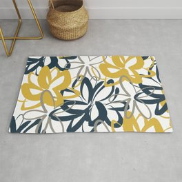 Lotus Garden Painted Floral Pattern in Light Mustard Yellow, Navy Blue, and Gray on White Area & Throw Rug