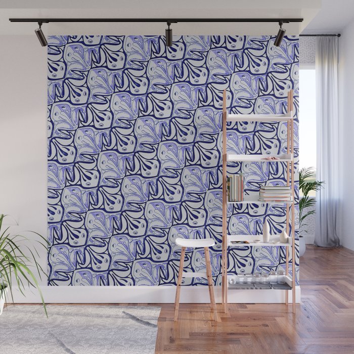 Symmetric Frog Tessellation in Blue Wall Mural
