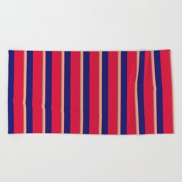 [ Thumbnail: Gray, Light Salmon, Midnight Blue, and Crimson Colored Stripes Pattern Beach Towel ]
