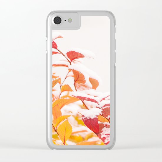 Snow covered red leaves Clear iPhone Case