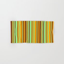 [ Thumbnail: Brown, Light Green, and Orange Colored Striped Pattern Hand & Bath Towel ]
