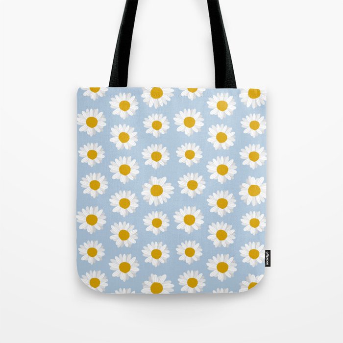 Little White Daisies and Sky Blue Background Tote Bag
