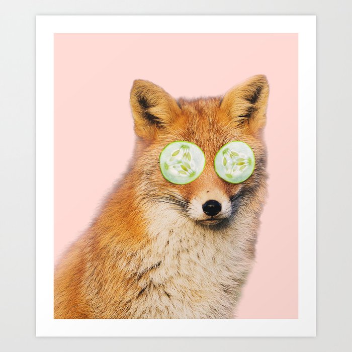 Relaxing red fox with fruits mask in pink Art Print