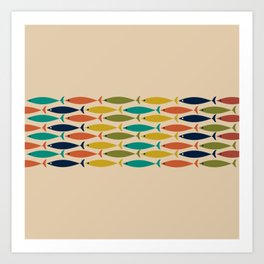 Midcentury Modern Multicolor Fish Stripe Pattern in Olive, Mustard, Orange, Teal, Beige Art Print