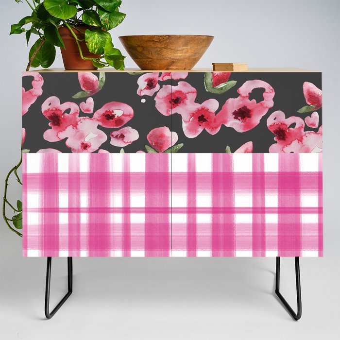 Modern Black White Hot Pink Watercolor Floral Plaid Credenza