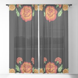 Mexican Folk Pattern – Tehuantepec Huipil flower embroidery Sheer Curtain