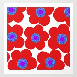 Retro Flowers Red Curvy Petals Turquoise/Purple Center White Background #decor #society6 #buyart Art Print