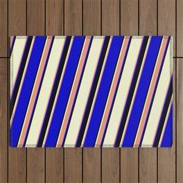 [ Thumbnail: Light Yellow, Dark Salmon, Blue, and Black Colored Striped/Lined Pattern Outdoor Rug ]