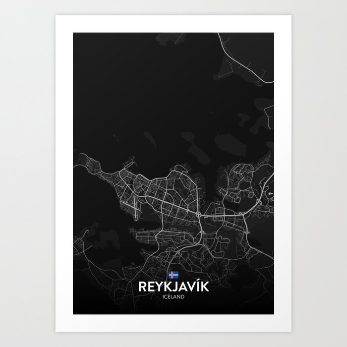 Reykjavik, Iceland - Dark City Map Art Print