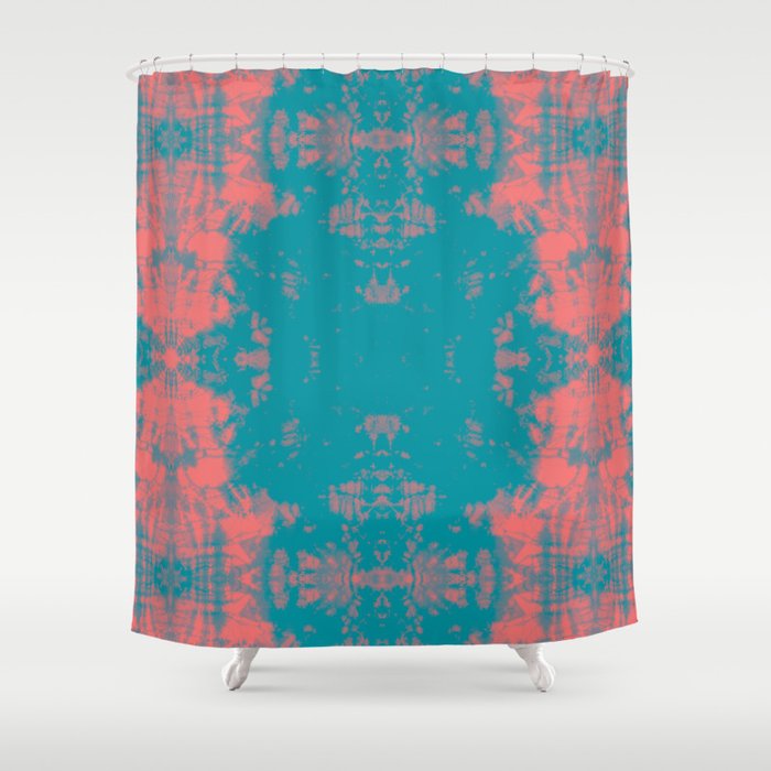 Living Coral Turquoise Shibori Tye Dye Shower Curtain