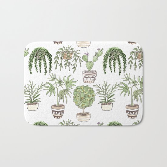 Watercolor cartoon sketch house plants in pots Bath Mat