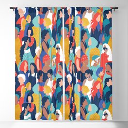 Every day we glow International Women's Day // midnight navy blue background teal, mint, electric blue neon orange red and gold humans  Blackout Curtain