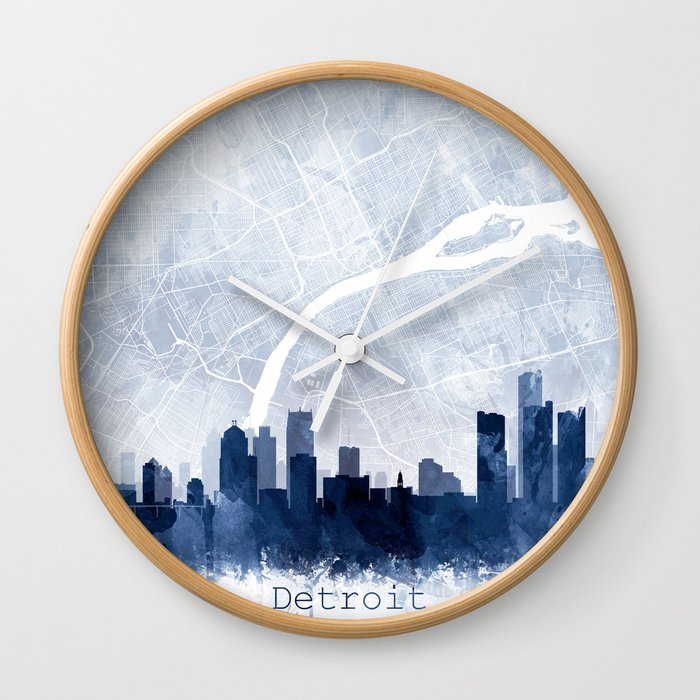 Detroit Skyline & Map Watercolor Navy Blue, Print by Zouzounio Art Wall Clock