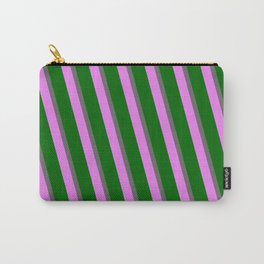 [ Thumbnail: Dim Grey, Violet, and Dark Green Colored Lines Pattern Carry-All Pouch ]