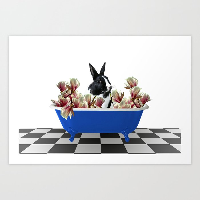 Bunny Rabbit Blue Bathtub - Magnolia Flowers Art Print
