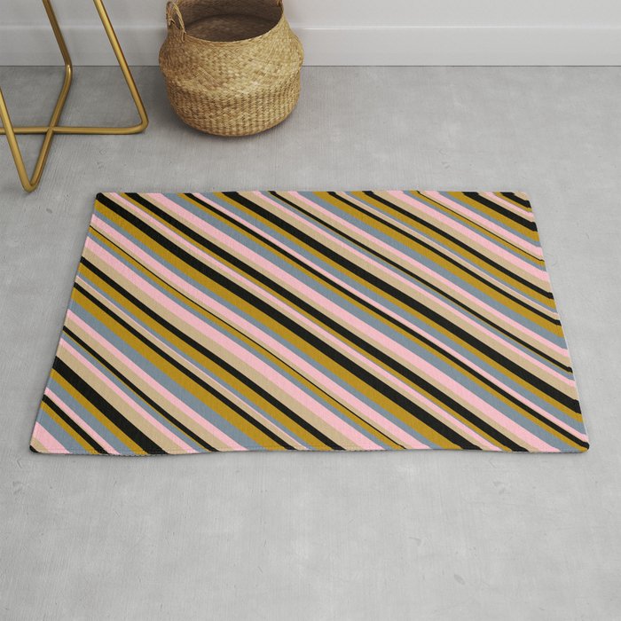 Vibrant Light Slate Gray, Pink, Tan, Black, and Dark Goldenrod Colored Lined Pattern Rug