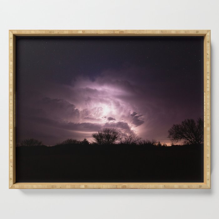 Inner Glow - Lightning Illuminates Storm Cloud as Stars Twinkle Above at Night in Oklahoma Serving Tray